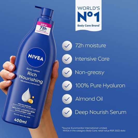NIVEA Body Lotion for Dry Skin 3 Pieces, Rich Nourishing 5 in 1, Complete Care, Intense Moisture 48H, 3 x 400ml