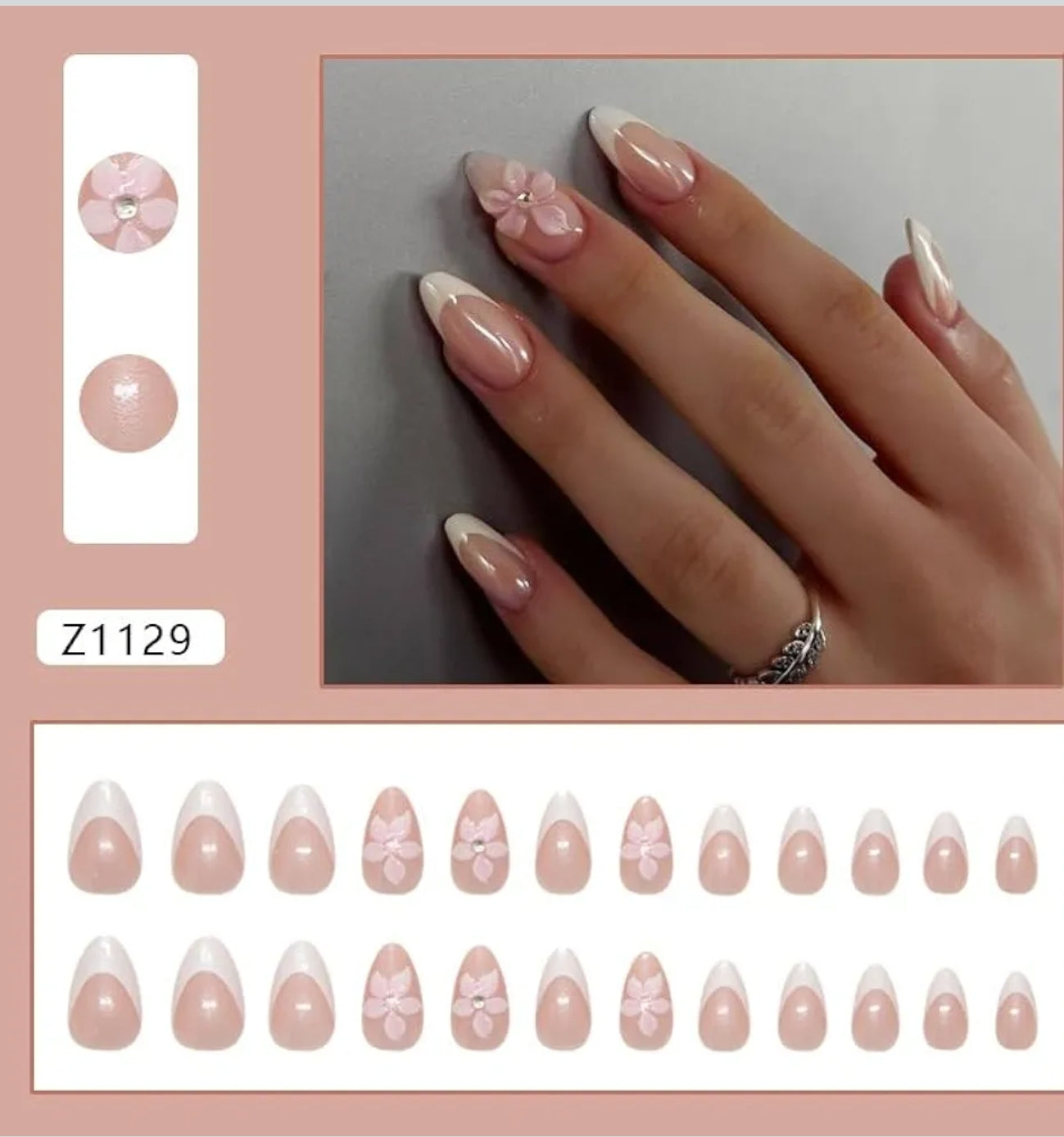 24 قطعة أظافر صناعية قصيرة ومتوسطة الحجم على شكل لوزة، مزينة بأحجار الراين بتصميم زهور بسيط، تغطي كامل الظفر، أظافر اكريليك صناعية لاصقة للنساء، لون أبيض فرنسي،