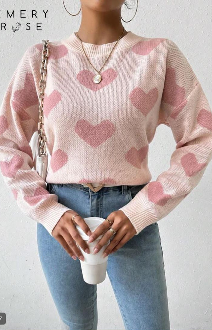 EMERY ROSE بلوزة بياقة مستديرة مطبوعة بالقلوب، بأكمام طويلة، بلوزة محبوكة للخريف والشتاء