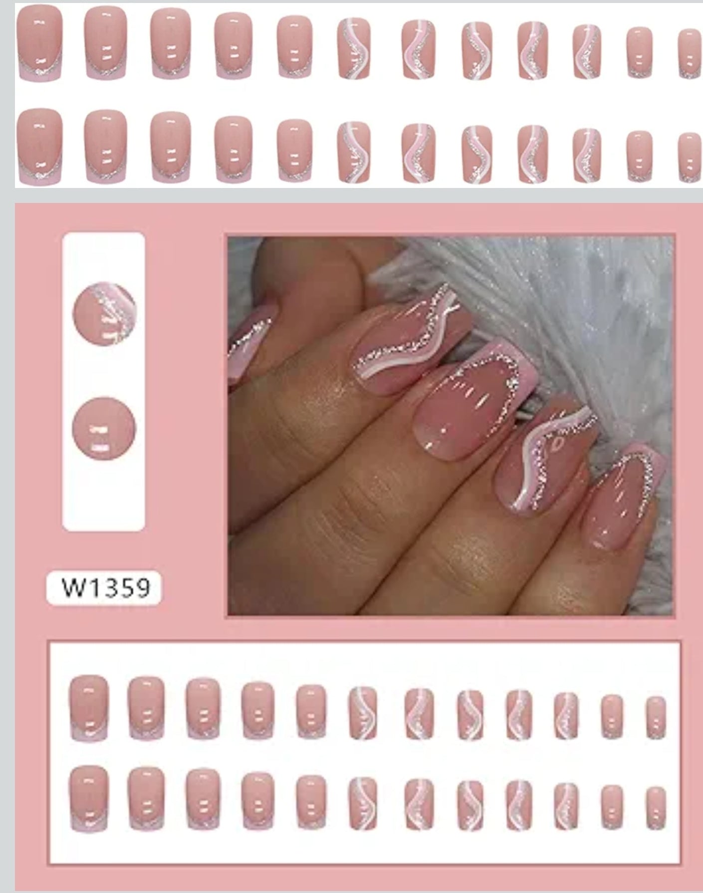 أظافر مخططة بتصميم مربعأ متوسطة الحجم مزينة بمسحوق فضي للتشكيل الفني، أظافر اكريليك قابلة للفصل بنمط مسحوق الكرز الحلو، مناسبة لفن الأظافر للنساء والبنات، 24 قطعة، بلون أبيض وزهري