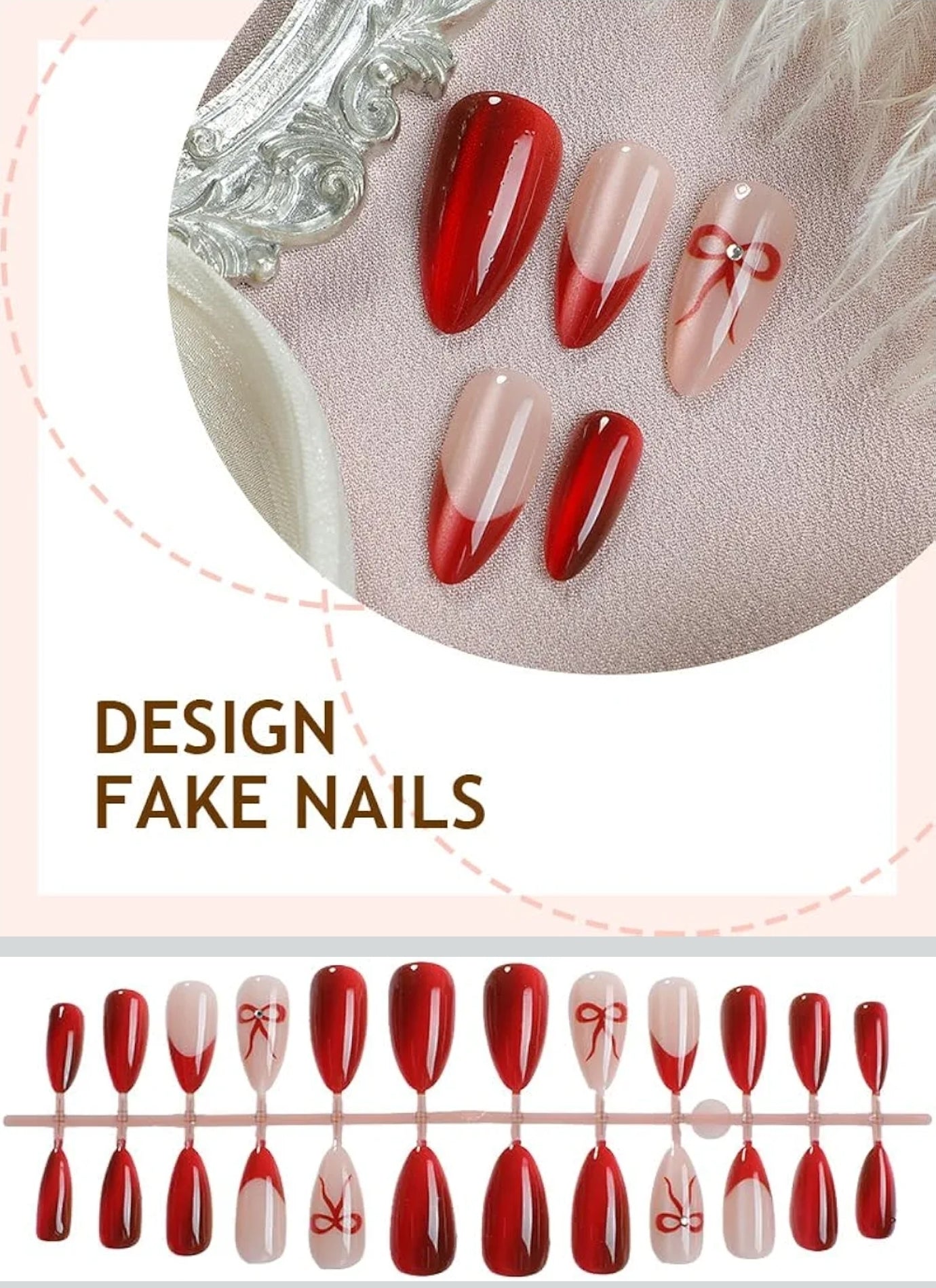 24 قطعة من اظافر عين القطة الحمراء لعيد الحب، اظافر لوز فرنسية قصيرة، اظافر صناعية لامعة لامعة من الاكريليك بتغطية كاملة، اظافر انيقة قابلة لاعادة الاستخدام للنساء والفتيات لتزيين المانيكير