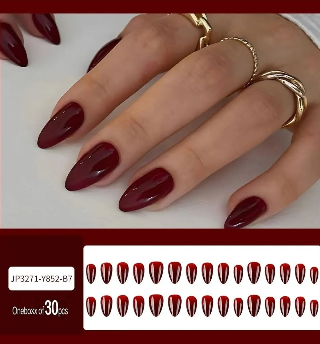 أظافر لاصقة جاهزة بطول قصير إلى متوسط وبشكل لوزي بتصميم سادة، أظافر صناعية كاملة التغطية تثبت بالغراء أو بالضغط، للنساء لعمل مانيكير منزلي، باللون الأحمر (Burgundy) عبوة من 24 قطعة
