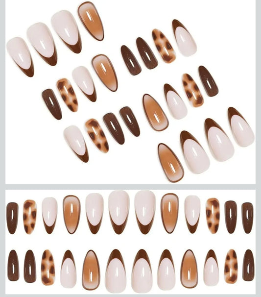 24 قطعة من مسامير اللوز الصناعية ذات طرف فرنسي، مسامير بنية بالضغط على الأظافر غطاء كامل من الاكريليك بنمط جلد الفهد، غراء لامع على الأظافر، لاصق طبيعي قابل لاعادة الاستخدام
على الاظافر للنساء