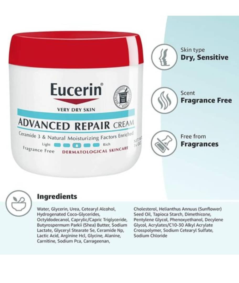 كريم الجسم المتقدم لإصلاح البشرة الجافة خالي من العطور من يوسرين - 454غ