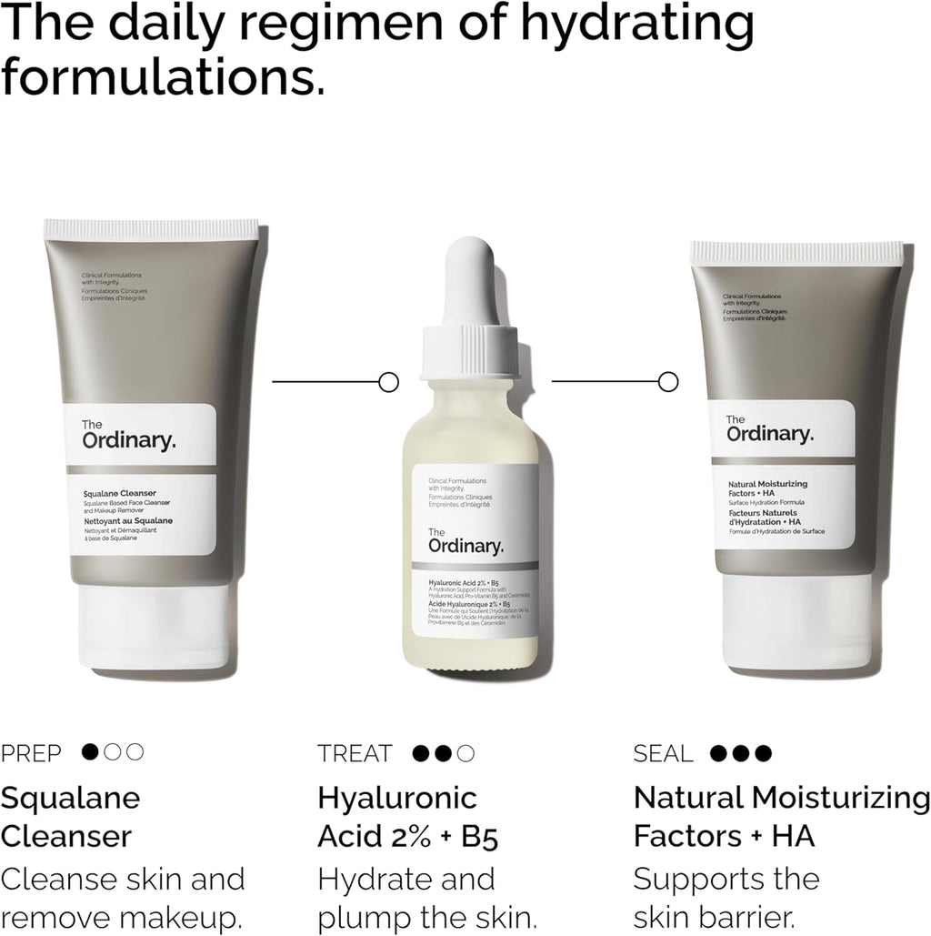 The Ordinary Daily Set, Three Hydrating Formulas. Squalane cleanser(50ml)& Hyaluronic Acid 2% + B5 face serum (30ML)&Natural Moisturizing factors+HA (30ml) Skincare